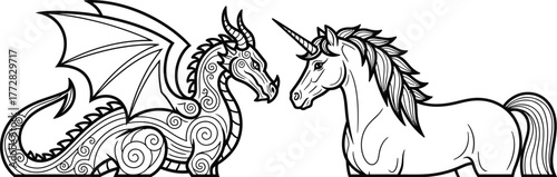 Dragon unicorn fantasy mythical creature art drawing line work black white
