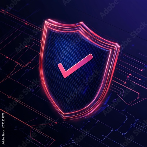 Digital Security Shield: A bold illustration of a shield with a check mark, set against a technological circuit board, symbolizes secure systems and digital protection in the digital realm.