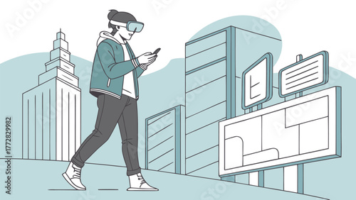 Adobe Illustrator A person wearing vr glasses walks in a city while looking at their phone with buildings in the background