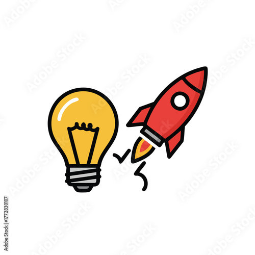 Creative lightbulb and rocket illustration symbolizing idea launch.