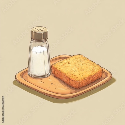 Breakfast Toast Delight: A simple yet elegant still-life of a golden toast slice with a salt shaker on a wooden plate, evoking warmth, comfort, and the simple pleasures of a morning meal.