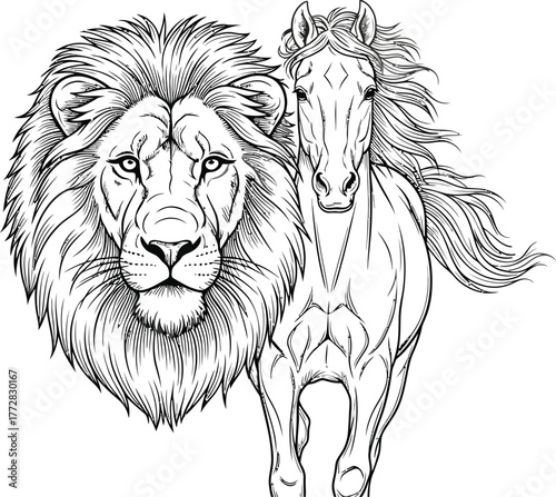 Lion horse animal wildlife mammal predator mane equine strength power art