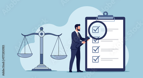 Professional businessman meticulously reviewing checklist with magnifying glass near justice scales signifying legal or business evaluation