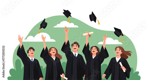 Joyful graduates in black robes toss caps high, celebrating academic achievement with diplomas in hand, symbolizing future success