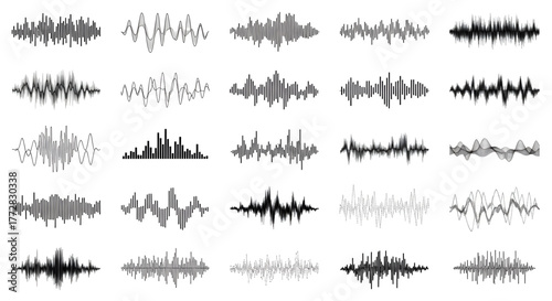 Dynamic sound wave visuals for audio production and music visualization projects, use these versatile waveforms for digital audio analysis and modern interface elements