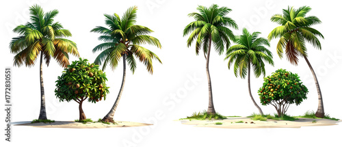 Sat Tropical coconut tree bundle isolated on transparent background PNG