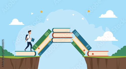 Student confidently crosses chasm using knowledge as bridge, symbolizing education's power to overcome challenges and achieve success