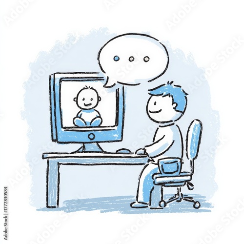 Digital Connection: A gentle illustration captures a moment of modern communication, as a person engages in a video call with a baby, symbolizing connection and long-distance relationships. 