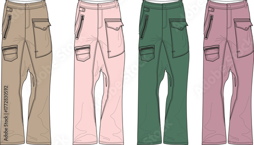 Four pairs of stylish cargo pants in different colors and designs, showcased in a flat lay illustration
