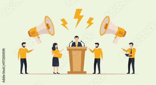 Dynamic business presentation with speaker at podium and supportive team members amplified by megaphones, conveying impactful messaging