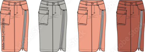 Modern midi skirt design concept versatile fashion flats with utilitarian cargo pockets and a side zipper, perfect for contemporary apparel development