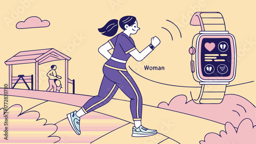 Adobe Illustrator A woman jogging on a path with a smart watch displaying health data and a man cycling in the background near a shed