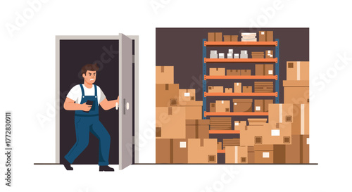 Frustrated worker discovers overflowing warehouse shelves packed with cardboard boxes, hinting at inventory chaos and logistical nightmares