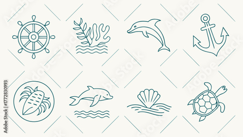 Nautical icons set marine life and ship elements art vector Abstract