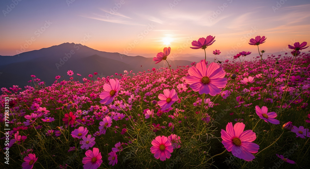 Obraz premium Vibrant pink cosmos flowers blooming on a hillside at sunset with mountain view