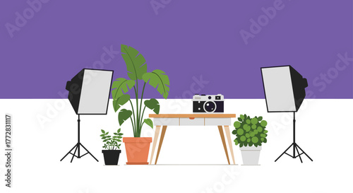 Professional photography setup with softbox lights, camera, and lush plants creating vibrant, modern studio ambiance for creative projects