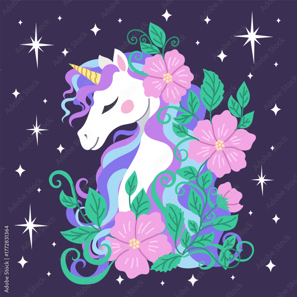Fototapeta premium Celestial unicorn with flowers against a starry night background. Magical spiritual horse vector illustration