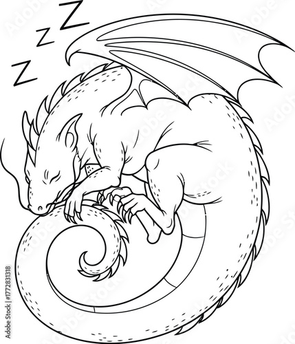 Dragon sleeping fantasy mythical creature drawing lineart fairytale wings