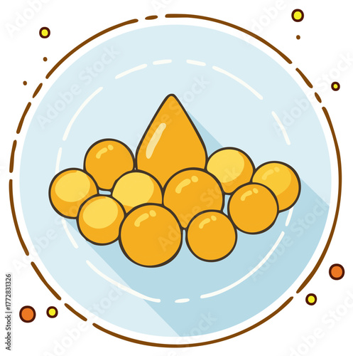 Illustration of Argan Oil Drop and Golden Argan Nuts in a Round Container Design