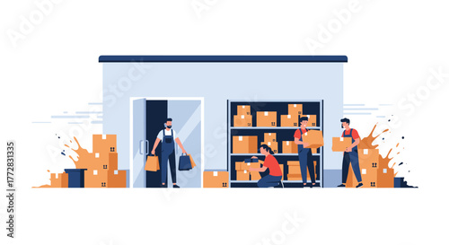 Dynamic warehouse workers efficiently organizing and moving packages, ensuring smooth logistics and supply chain operations for modern businesses