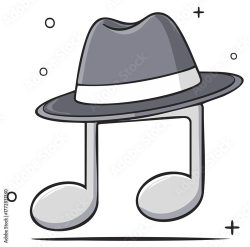 Cartoon musical note wearing a hat, a playful illustration of harmony and style, combining music with a touch of fashion and artistic flair.