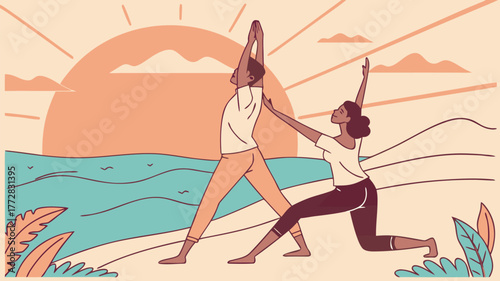 Two people doing yoga poses on a beach at sunset with one person assisting the other with their posture