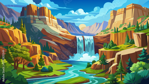 Very beautiful waterfall in Shoshone Park, Idaho, USA, surrounded by rocky cliffs, green vegetation, and flowing river waters under a bright blue sky, showcasing the region’s natural beauty.