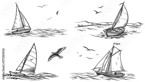 Sailing Boat and Seagulls on Sea Waves – Hand-Drawn Vintage Nautical Sketch Vector Illustration Set for Ocean, Travel, and Marine Design Projects