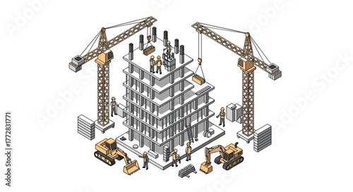Dynamic construction site with cranes, excavators, and workers building a modern high rise structure, illustrating progress and industry