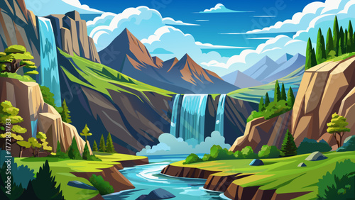 Very beautiful waterfall in Shoshone Park, Idaho, USA, surrounded by rocky cliffs, green vegetation, and flowing river waters under a bright blue sky, showcasing the region’s natural beauty.