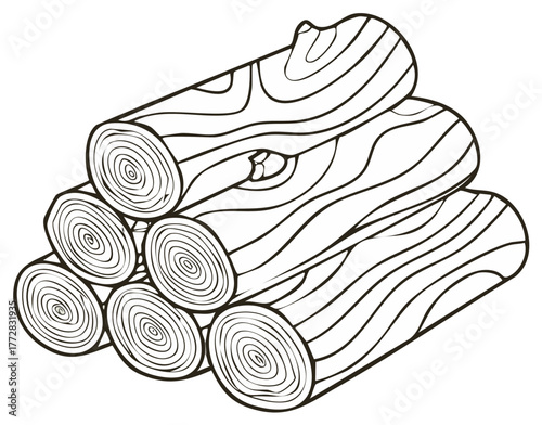 Wood logs stack - coloring page or simple illustration with firewood ready for winter, black and white line art
