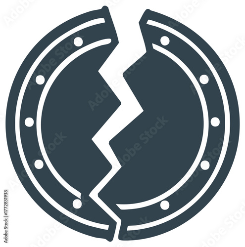 Cracked circular symbol featuring jagged break with dot accents around the outer border