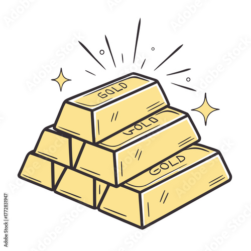 Hand-drawn illustration of shimmering gold bars stacked, symbolizing wealth, financial success, precious investments, and valuable assets for economic prosperity