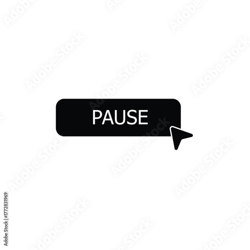 Computer cursor arrow clicking a black pause button. A minimalist vector graphic icon for a user interface element in web design or application development