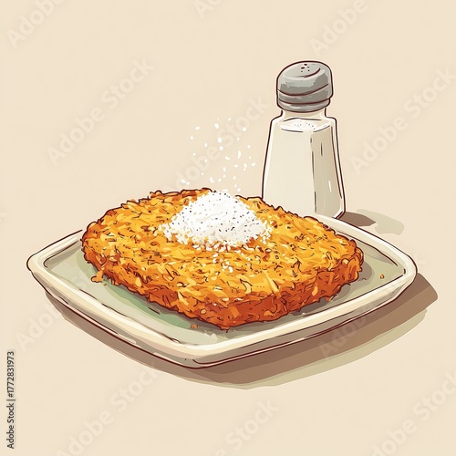 Savory Delight: Crispy hash brown on a plate, delicately sprinkled with salt, next to salt shaker, capturing the essence of simple indulgence.
