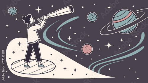 Adobe Illustrator A person looking through a telescope at planets and stars in a whimsical space themed illustration art