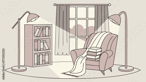 A cozy reading nook with a chair, books, lamps, and a window creating a peaceful and inviting atmosphere