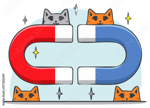 Funny cartoon cats peeking from behind two large horseshoe magnets repelling each other