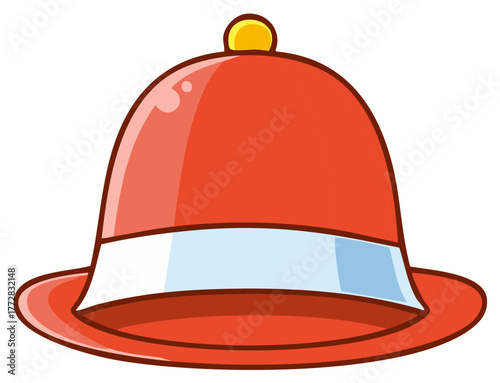 Red and White Cartoon Pith Helmet with Yellow Pom Pom Accent
