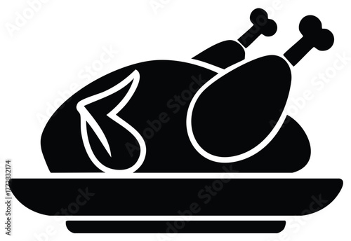Roasted chicken on a platter illustration in black and white, perfect for culinary designs.