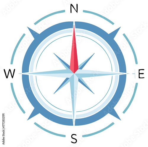 Navigation Compass Rose in Shades of Blue with a Red Needle Symbolizing Direction and Cartography