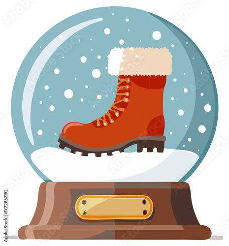 Whimsical Winter Boot in Snow Globe with Falling Snow Illustration