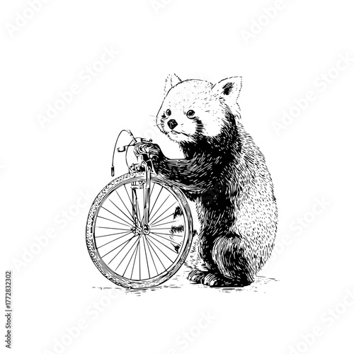 Illustration of a red panda standing beside a bicycle with intricate line work and shading details present