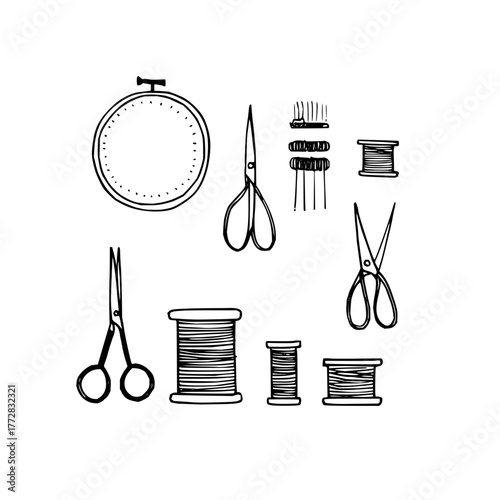 Hand drawn sewing kit with embroidery hoop, scissors, thread spools, and needle holder illustration