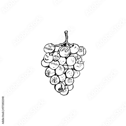 Illustration of a bunch of grapes with various faces and drawings on each individual grape shape