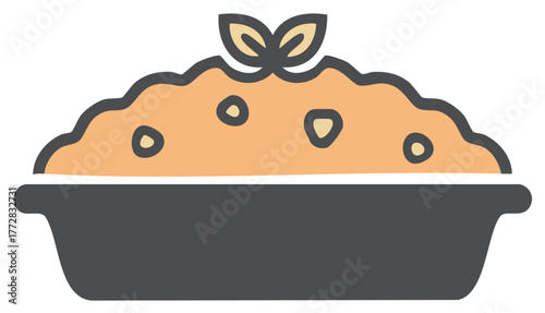 Comfort food casserole or pie in a baking dish with decorative leaves icon illustration