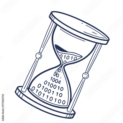 A line art illustration of a tilted hourglass showing the passage of time with digital binary code instead of sand, isolated on a white background
