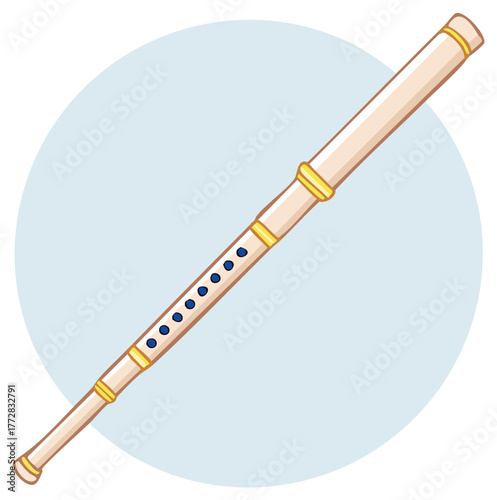 Whimsical cartoon depiction of a classic musical recorder instrument with golden rings and blue finger holes