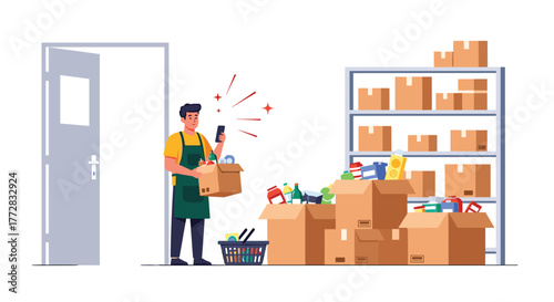 Warehouse worker uses smartphone to scan inventory boxes, optimizing logistics and supply chain management for efficient operations