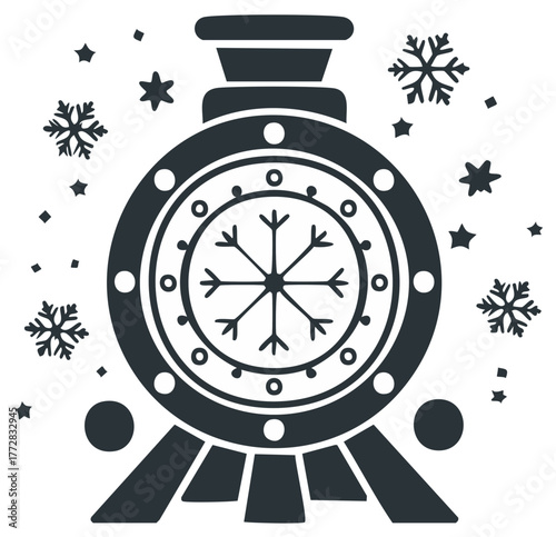 Stylized winter train engine with snowflake, stars, and falling snow icon
